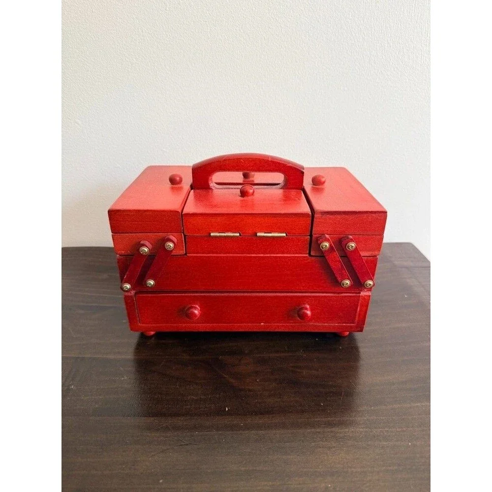 Vintage Red Wooden 2 Tier Cantilever/Accordion Sewing Kit w/feet includes thread